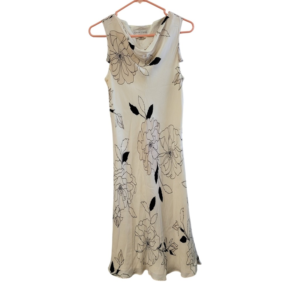 Casual Corner Women Floral Cowl Neck Sleeveless Midi Sheath Dress Cream Black 12